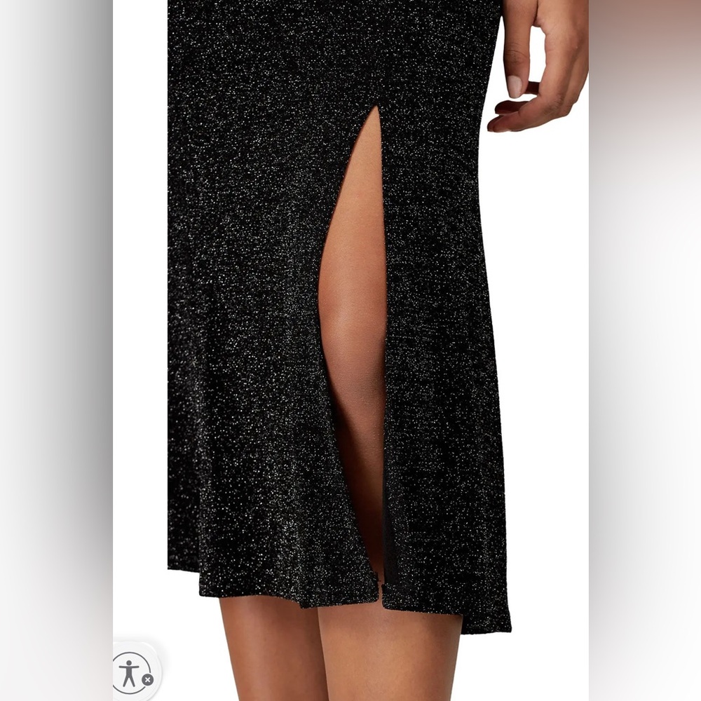 Donna Morgan Silver Metallic Knit Midi Dress with Front Slit Open Back Sz 2 - Picture 3 of 13